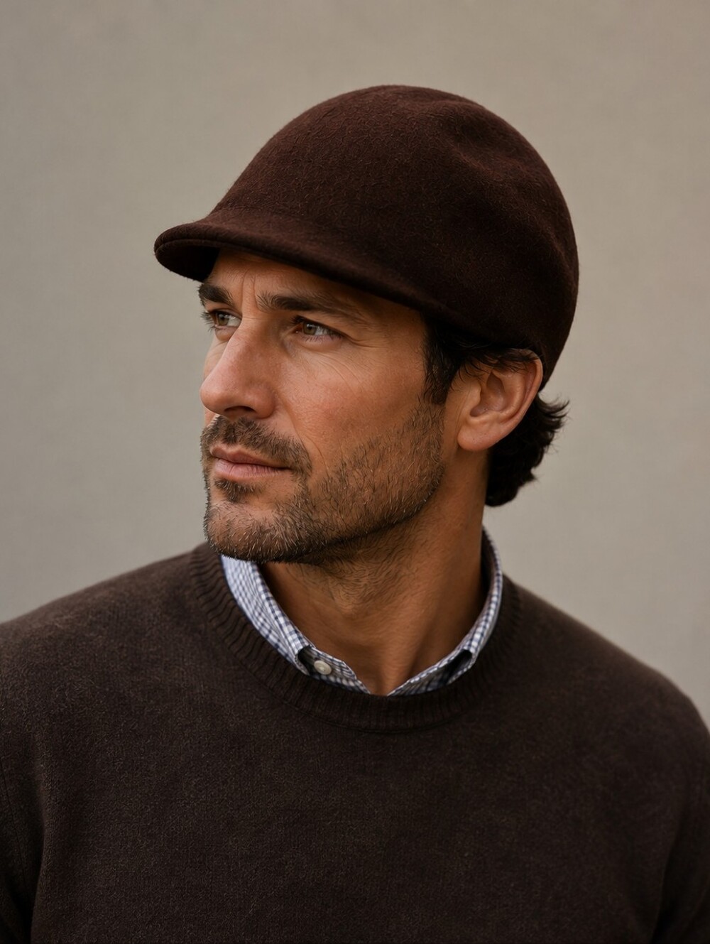 Men’s Brown 100% Wool Molded Riding Cap Short Brim Equestrian Hat
